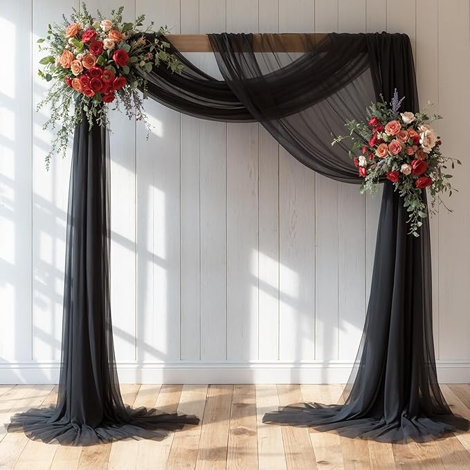Wedding Arch Draping Fabric, 2 Panels 18FT Black Sheer Backdrop Curtain Chiffon Fabric Drapery Voile Scarf Draping Panels for Wedding Archway Ceremony Curtain Valance Party Decoration