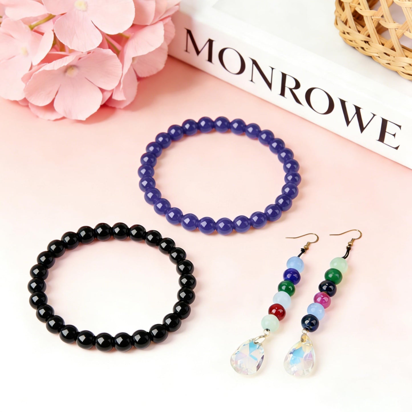 NUKAYAI 500Pcs Black Round Glass Beads 8mm for Bracelets, Beading Supplies Glass Crystal Beads for Bracelet DIY Crafts Making Kits Earring Necklaces(Black)