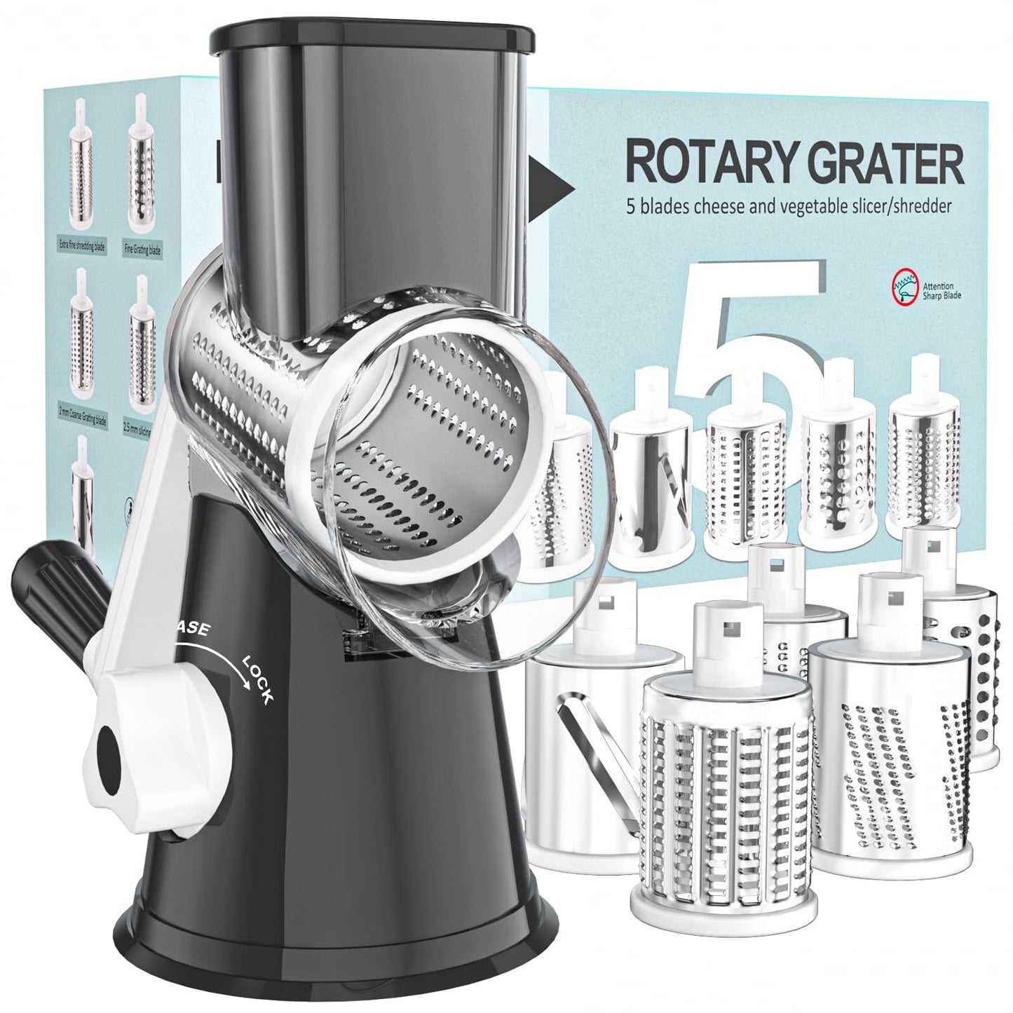 Cambom 5 in 1 Rotary Cheese Grater Hand Crank Cheese Shredder for Fresh Cheese, Vegetable, Nuts,Non-slip Suction Base, Black