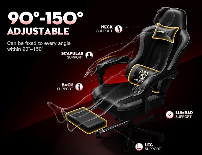 Gaming Chair for Adults with Footrest and Lumbar Support, Height Adjustable Game Chair with 360°-Swivel Seat and Headrest and for Office or Gaming (Black and Grey)