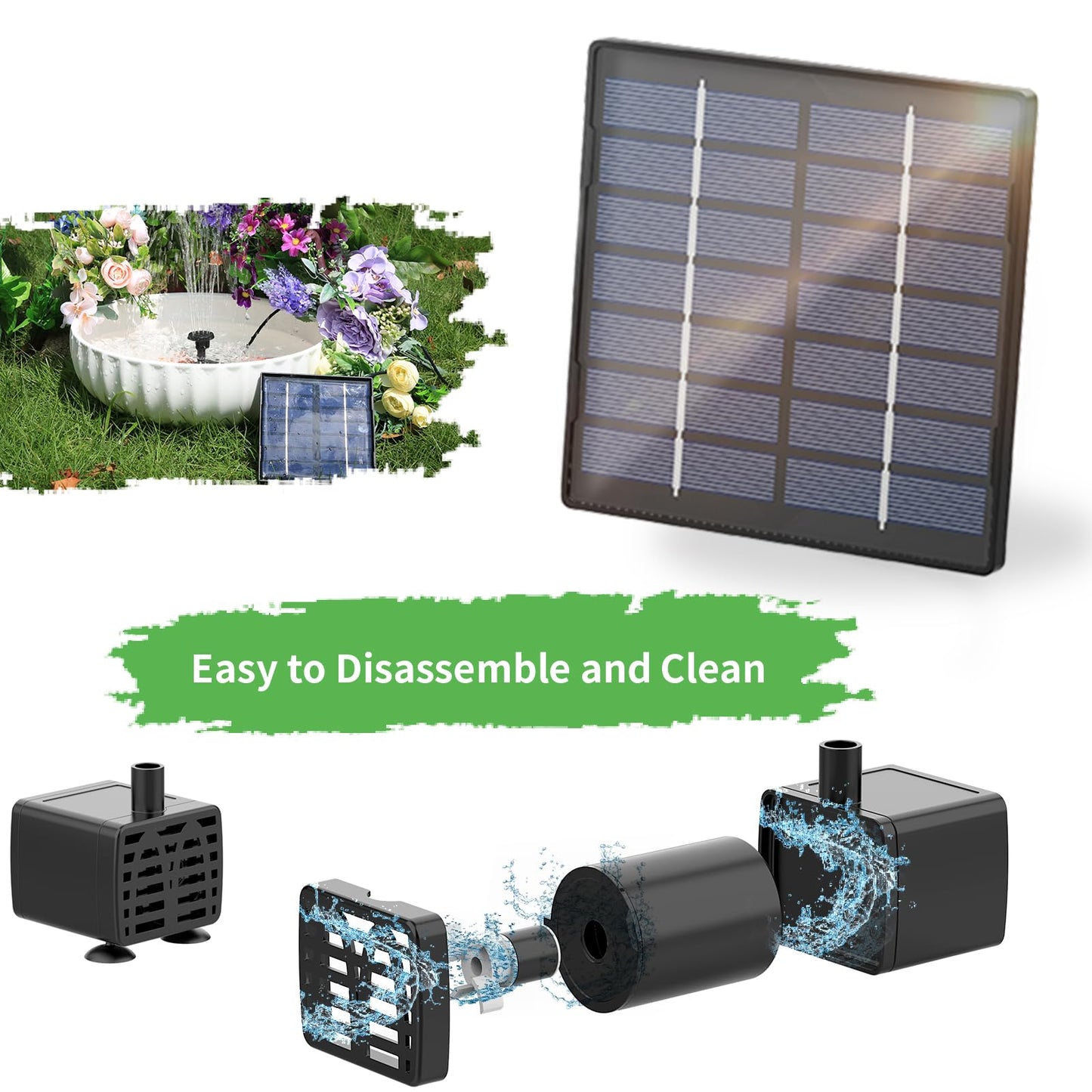 AISITIN Solar Water Pump for Outdoor Features, 2026 Upgraded DIY Fountain Kit With 6 Nozzles, 9.8ft Power Cord, for Bird Bath, Ponds, Garden, Fish Tank Solar Powered Water Fountain Pump