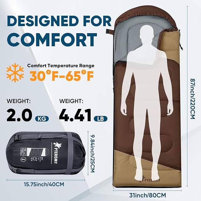 PTEROMY Sleeping Bags for Adults, Lightweight and Machine Washable, Water Resistant Backpacking Camping Sleeping Bag for Warm Cold Weather, Camping Essentials for Hiking Travel