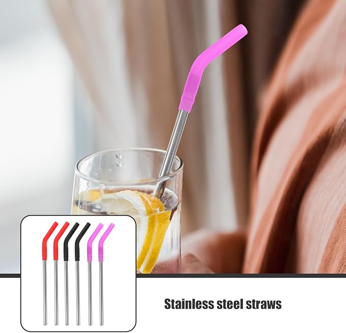 DECHOUS 6Pcs Reusable Metal Drinking Straws with Silicone Tips Stainless Steel Straws in Red Black Purple for Cold and Hot Beverages