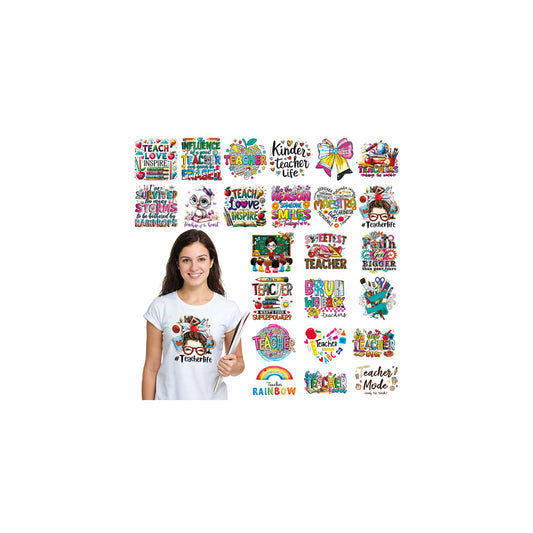 INCOK Teacher Iron on Transfers for Clothing - 24 PCS DTF Transfers Ready to Press Bow Pencil Iron on Vinyl Design Heat Decals Stickers for Teacher Appreciation Week T-Shirts Bag Hoodie Hat Dress