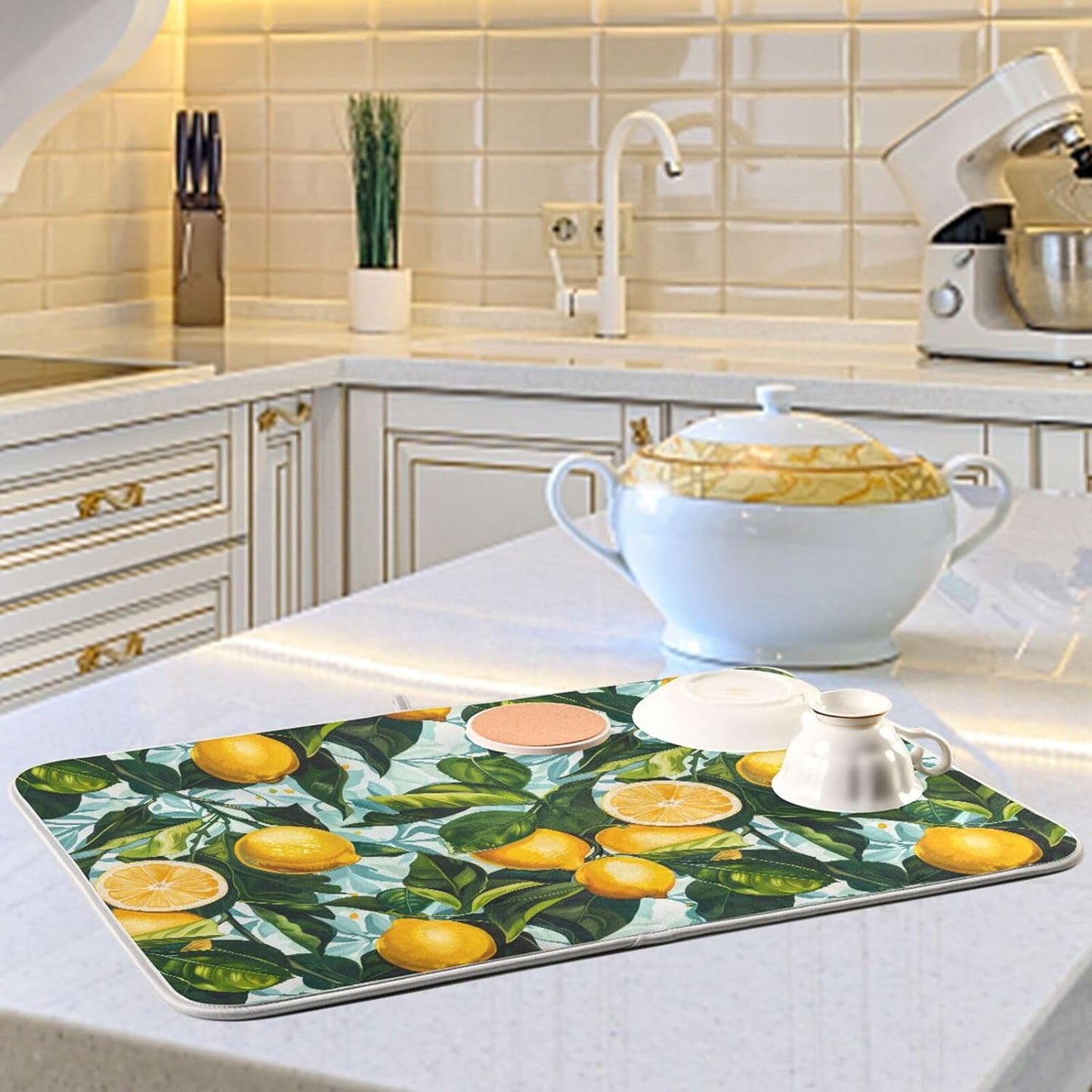 ALAZA Dish Drying Mat, Lemon Leaves Absorbent Dish Drying Pads for Kitchen Countertop 18 x 24 inches