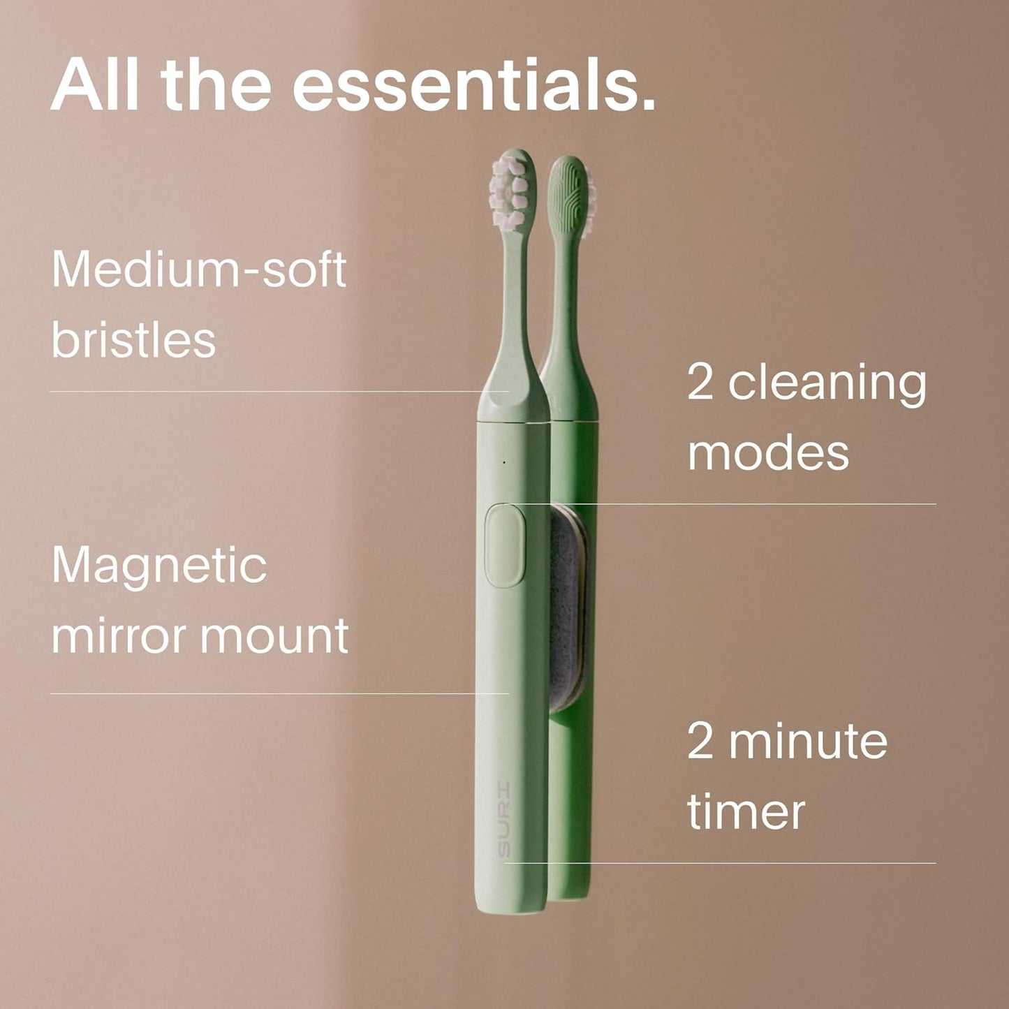 SURI Sonic Electric Toothbrush with UV Travel Case - 40-Day Battery- Designed in California - Electric Toothbrushes Adults - Slim Travel Tooth Brush