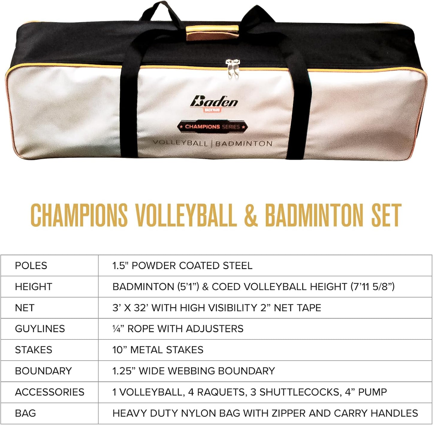 Baden Champions Volleyball/Badminton Portable Combo Set, 4 Raquets + 3 Birdies + Boundary + Volleyball + Pump + Carry Bag