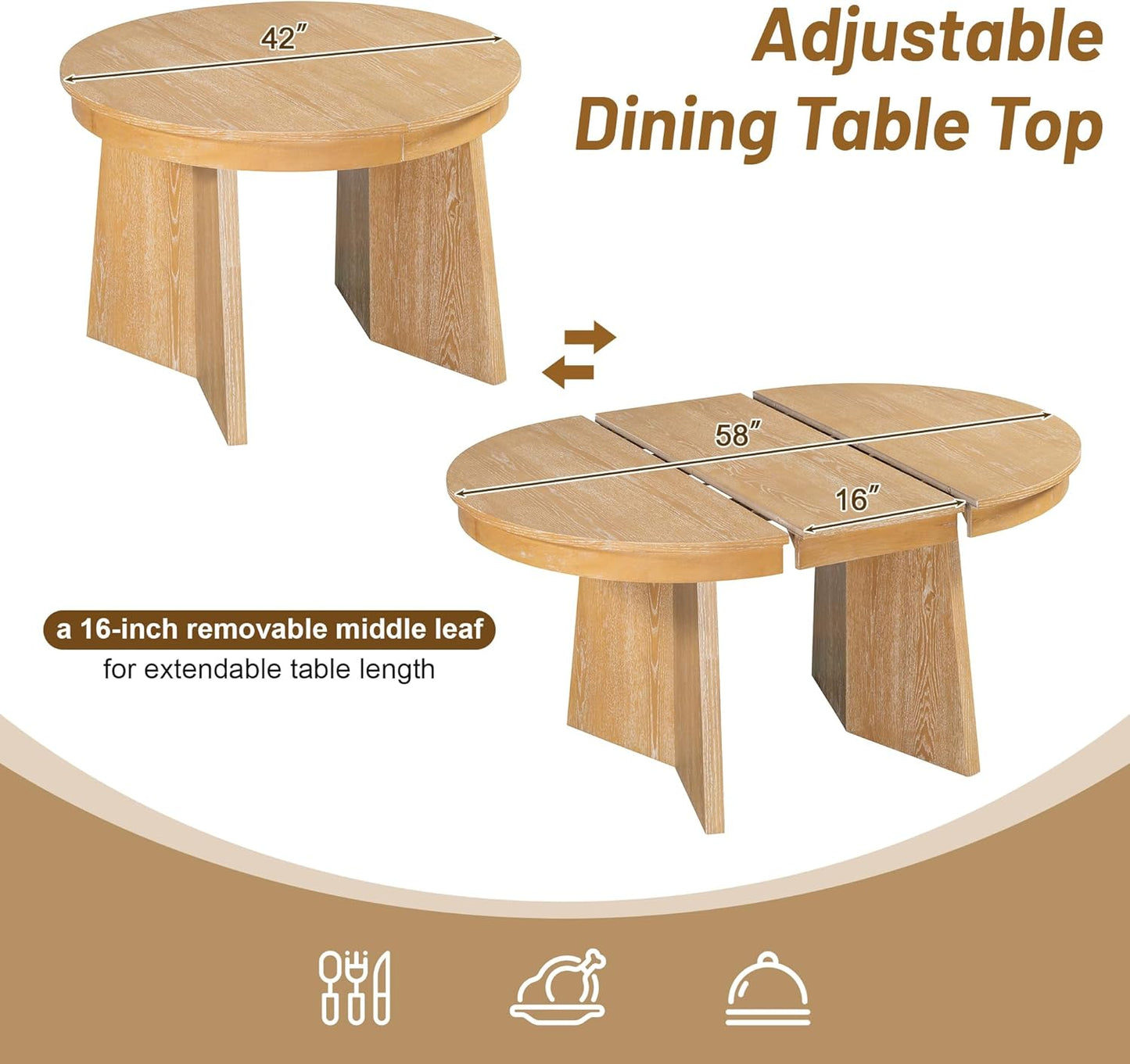 Ball & Cast Retro Dining Table Set for 4 with 4 Upholstered Chairs,5-Piece Wooden Living Room Furniture W/ 58" Round Extendable Kitchen Desk,for Small Space,Apartment,Dining Room,Natural Wood Wash
