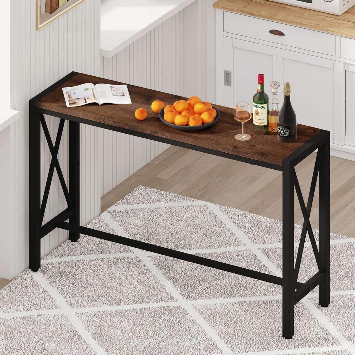 BON AUGURE Bar Table, 55 in Counter Height Pub Tables, Rectangular Tall Behind Couch Sofa Table, High Top Wood Console Tables for Home, Living Room, Kitchen (Rustic Oak, 36.6)