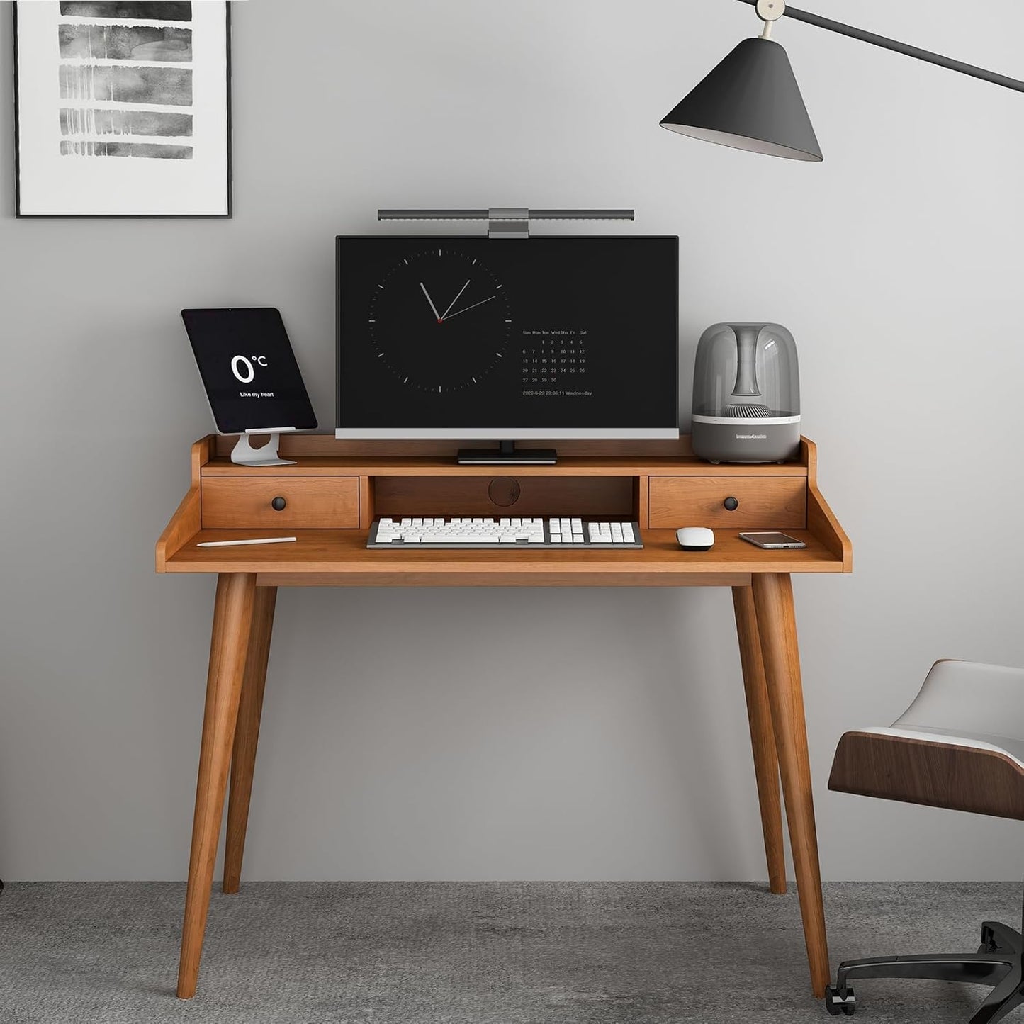 Mid Century Modern Desk, 41" Wood Home Office Writing Computer or Laptop Desk with Monitor Stand Riser and Open Storage Cubby, Vanity Desk with 2 Drawers