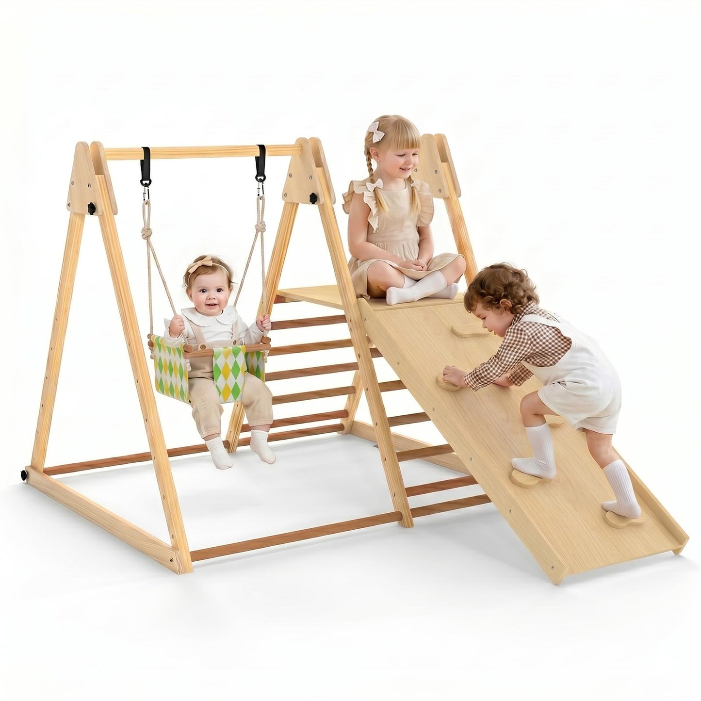 OLAKIDS Indoor Jungle Gym, 3 in 1 Wooden Foldable Montessori Toddler Climbing Toys with Adjustable Baby Swing Ramp Ladder