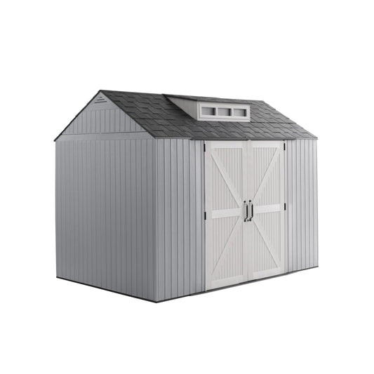 Rubbermaid Extra Large Resin Outdoor Storage Shed With Floor (7 x 10 Ft.), Weather Resistant, Brown, Organization for Home/Lawn Mower/Backyard Equipment/Bike Storage/Pool Supplies
