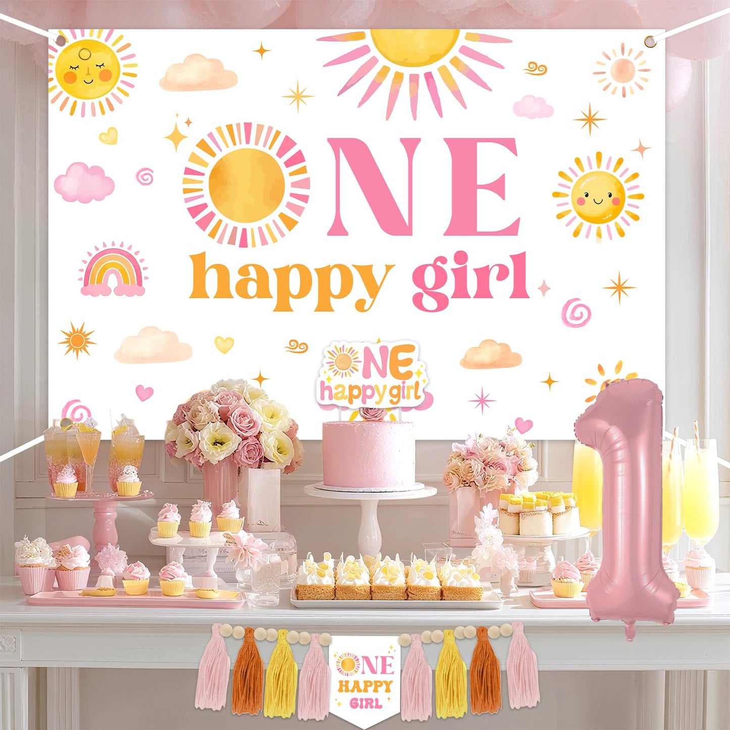 One Happy Girl Birthday Decorations Backdrop Sunshine 1st Birthday Highchair Banner Cake Cupcake Toppers Boho Sun Theme Balloon Garland Arch Kit for Girls Groovy Retro First Trip Around the Sun Party