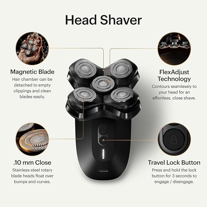 MANSCAPED® The Dome Shaver™ PRO Head Shaver for Bald Men – Five Rotary Blade Design with SkinSafe® & FlexAdjust Technology, Waterproof, USB-C & Wireless Charging Compatible with Travel Lock