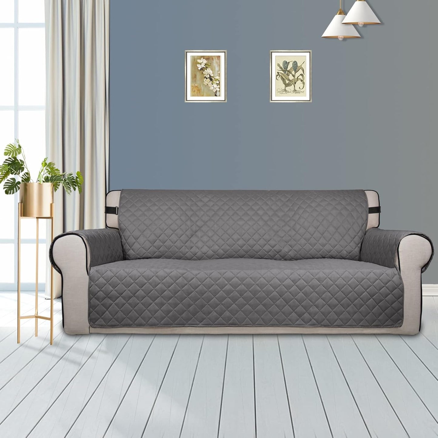PureFit Reversible Sofa Couch Cover Water Resistant Couch Covers for 3 Cushion, Washable Furniture Cover with Non-Slip Foam and Adjustable Strap for Dogs, Pets (Oversized Sofa, Gray/Light Gray)
