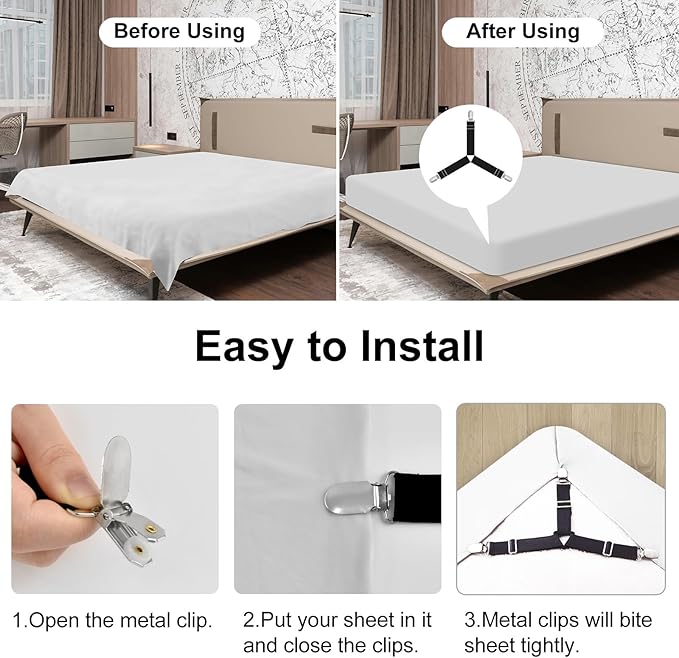 Bed Sheet Holder&Bed Sheet Straps 4 Pieces Each Keep Sheets Firm & Tight,Bed Sheet Rack with Lock Strip Easy to Install and Not Easy to Break,Sheet Holders Set Fit All Mattress Sizes(White)
