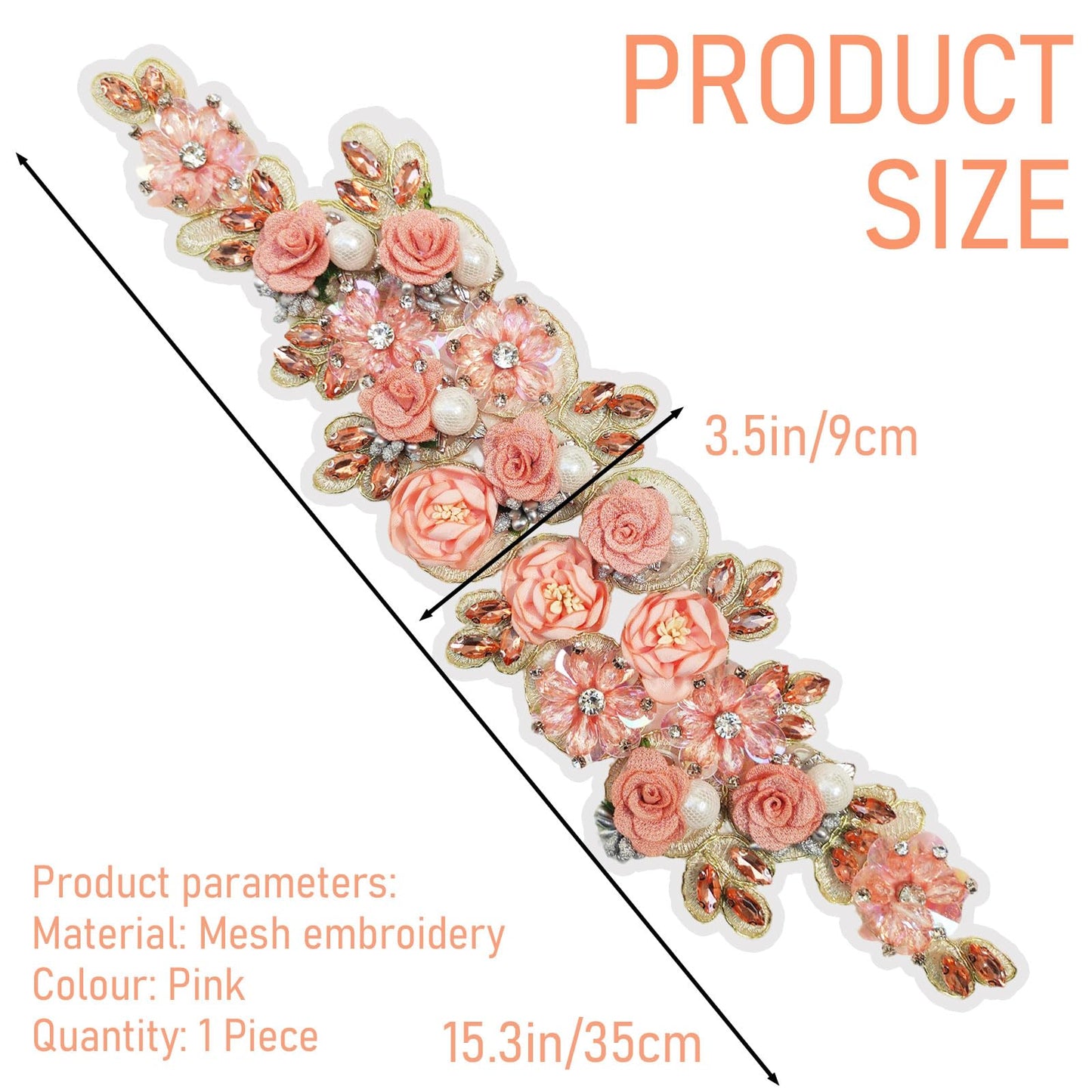 Hikiwin 3D Embroidered Flower Fabric Beaded Rhinestones Pearl Lace Applique, 3D Flower Fabric Patches for Wedding Dress, Handmade Flower Rhinestone Applique for Clothes, Pink, 1 Piece
