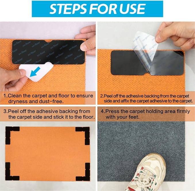 Rug Gripper for Hardwood Floors: 12 PCS No Damage Rug Tape - Anti Slip Rug Grips for Area Rugs – Secure Carpet Tape for Wood Floors, Safe & Strong Hold