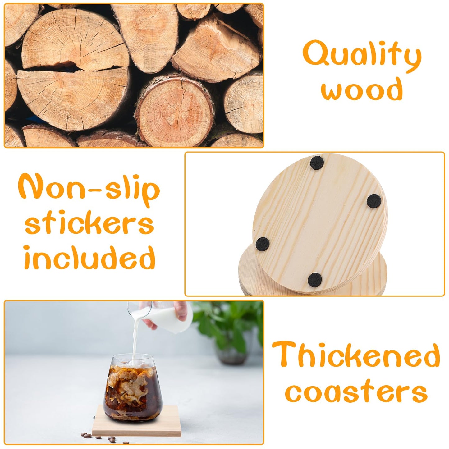 HJZHII 100 Pcs Unfinished Wood Coasters, 4 Inch Blank Wooden Coaster with Non Slip Foam Pad for DIY Stained Drawing Painting Wood Crafts Engraving Home Decoration Supplies(Round)