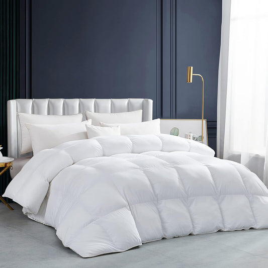 Luxurious White Solid Heavy Weight, Twin Size Goose Feathers Down Comforter for Winter Weather Duvet Insert, Premium Baffle Box, 100% Egyptian Cotton Cover, 60 oz. Fill Weight