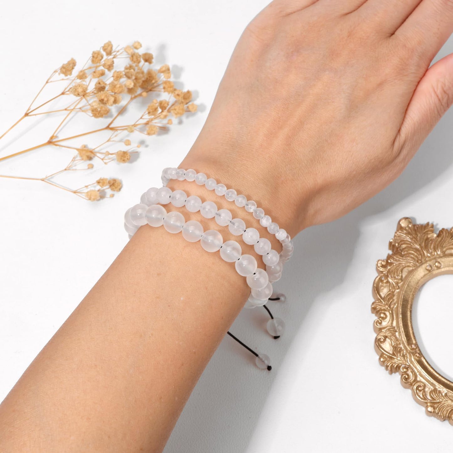 Pendlixy 4MM Healing Crystal Beaded Bracelet Handmade Adjustable Natural Selenite Stone Crystal Bracelet Healing Inspirational Gifts for Women Men