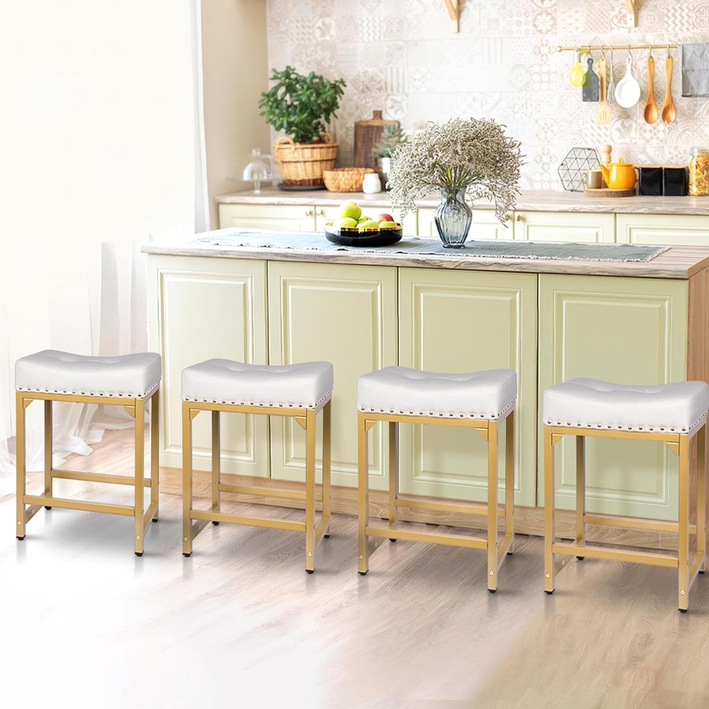 White & Gold Counter Height Bar Stools Set of 3, 24" Bar Stools for Kitchen Island, Modern Counter Stool Set of 3 Backless Saddle Barstools for Kitchen Dining Room White Gold
