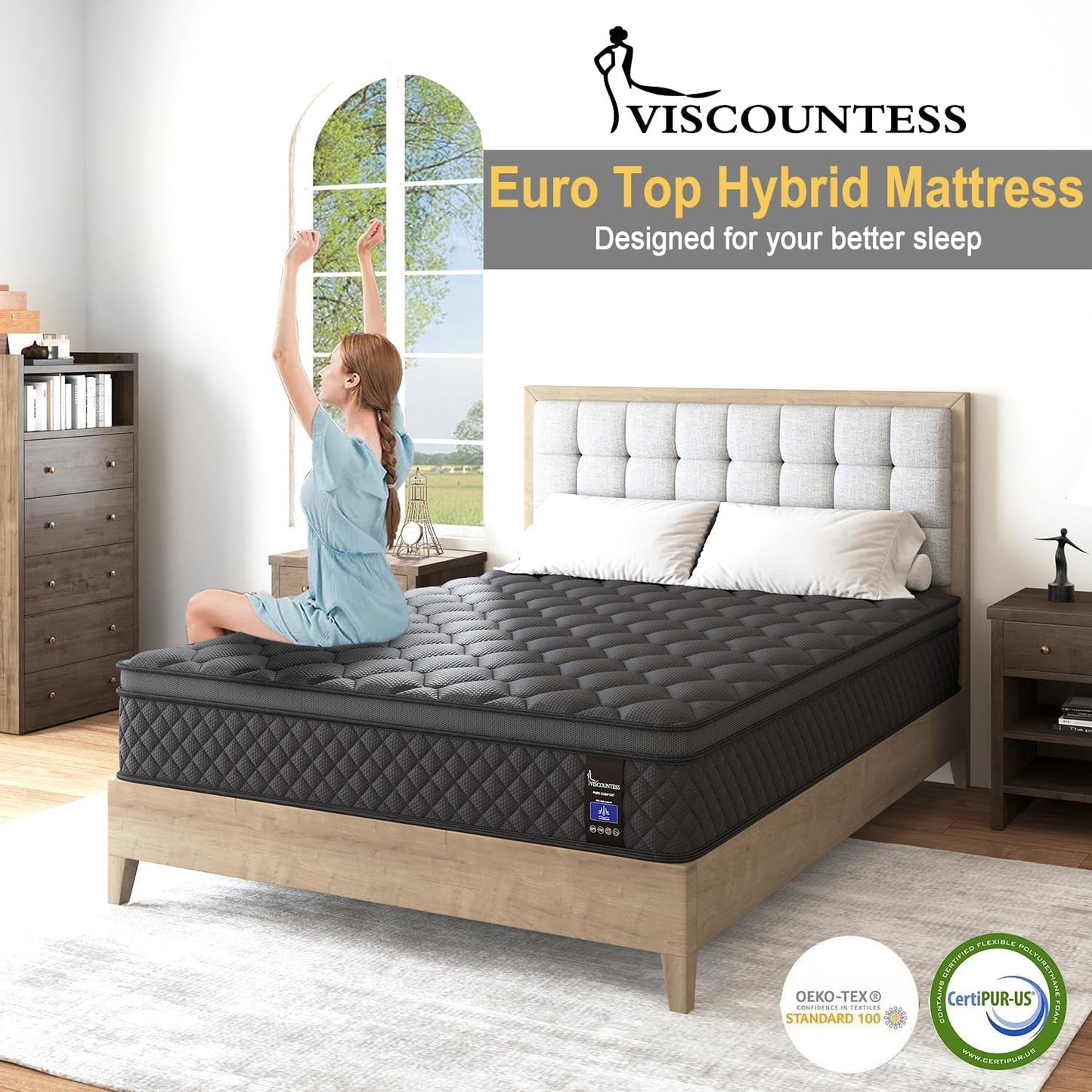 Hybrid Mattress, Medium Mattress Euro Top for Back & Lumbar Support, 100 Night Trial, Individual Pocket Spring Bed for Motion Isolation & Pressure Relief (14 Inch, Queen)