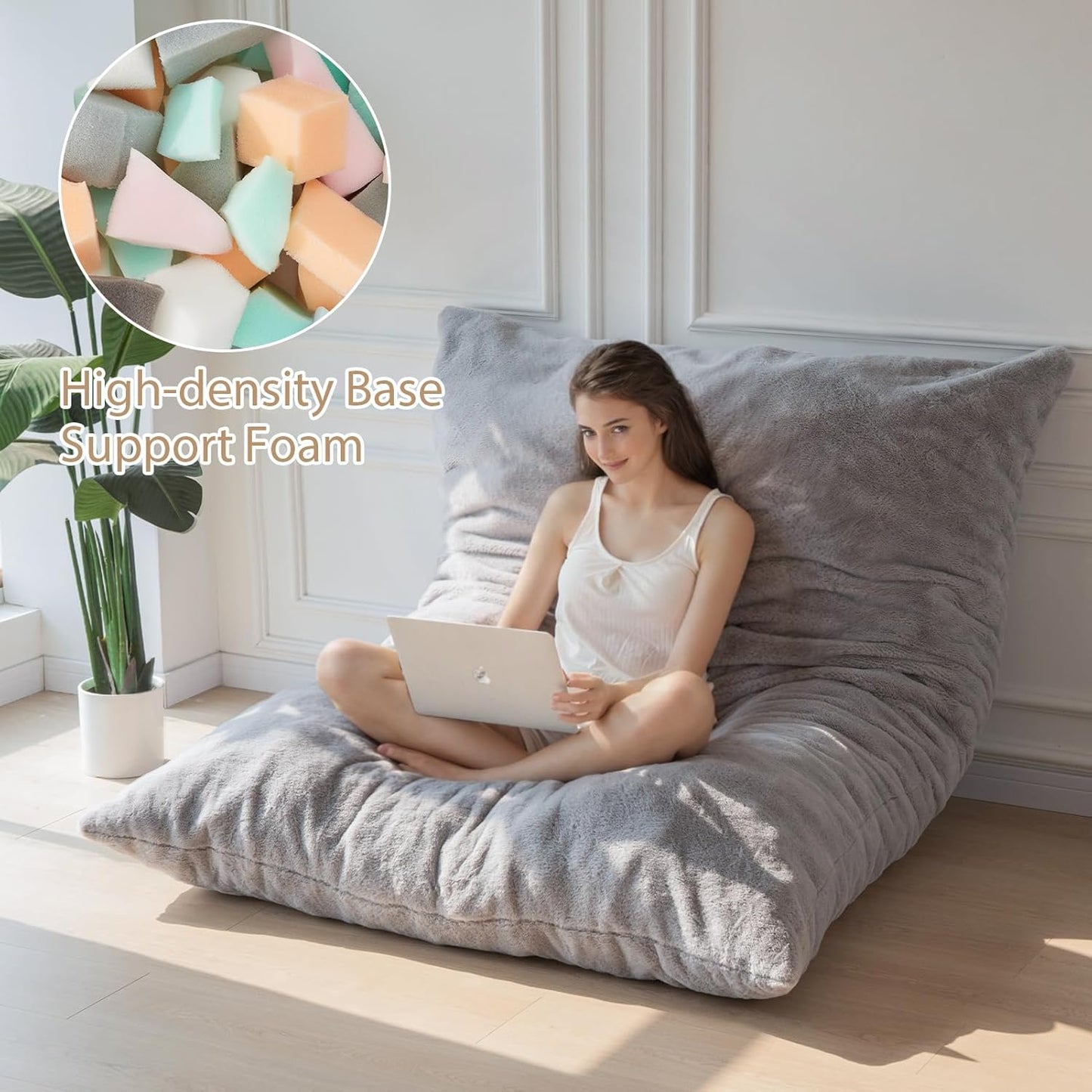 BYBYME 3 in 1 Bean Bag Chair, Convertible Chair Folds from Bean Bag to Lounger, High-Density Foam Filling, Faux Fur Big Sofa Bed, Giant Bean Bag Chair Bed for Adults