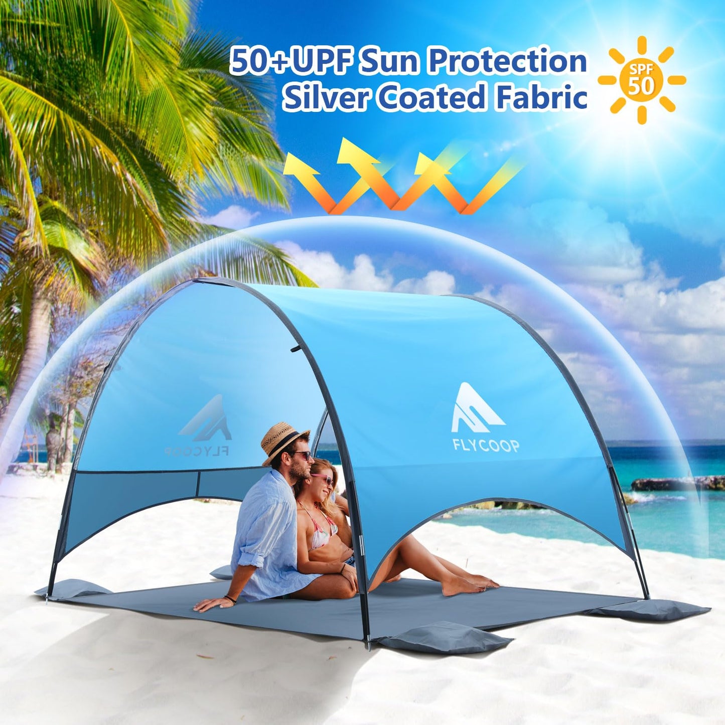 Flycoop 2026 Upgraded Beach Umbrella Canopy with UPF 50+ UV Protection – Portable Beach Tent for Sun, 360° Ventilation, 4 Sandbags, Dual Pockets, Stakes & Ropes, 90.5*59*53 inch for 3 People