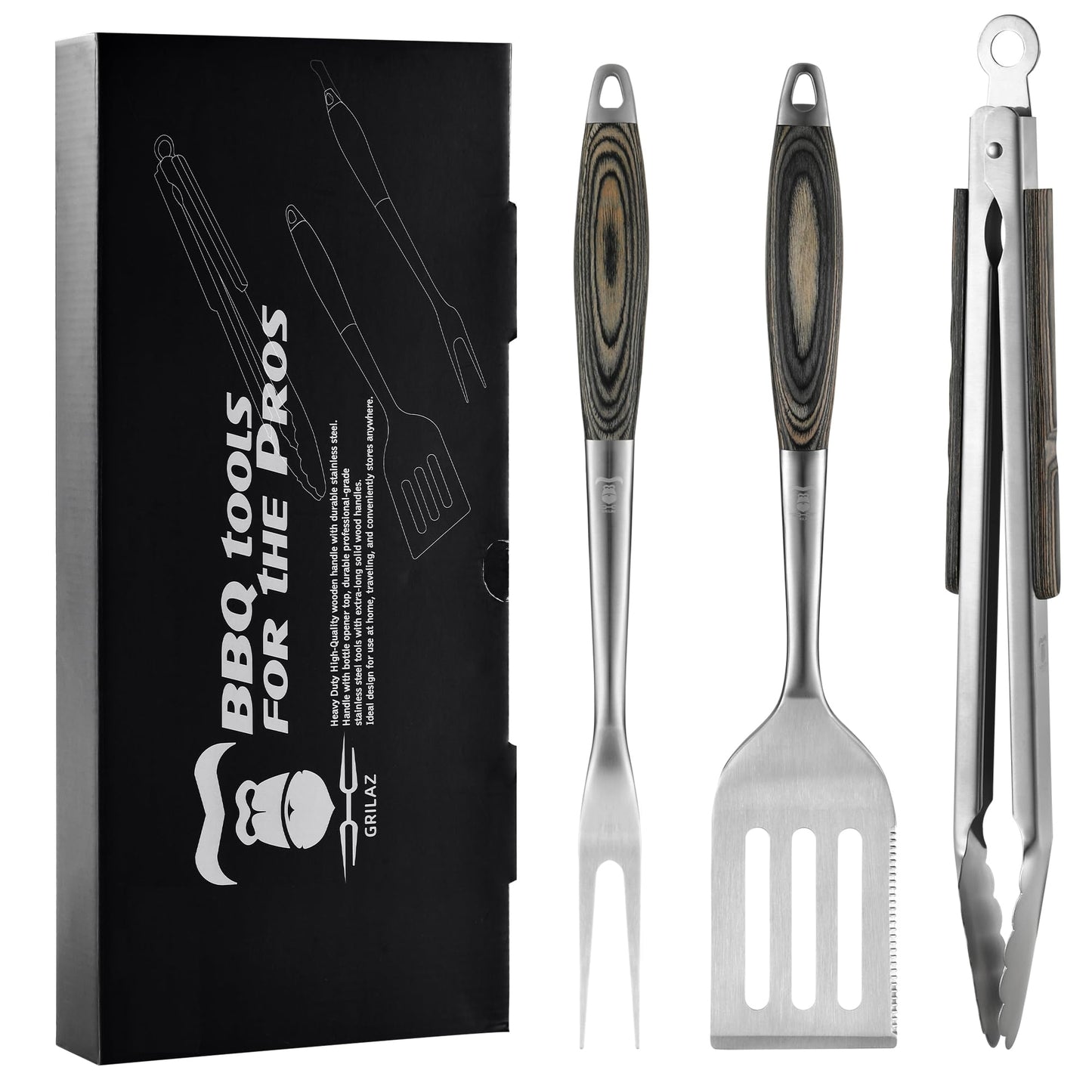 Grilaz Stainless Steel BBQ Tool Set with Veined-Dyed Wooden Handles | Heavy Duty Grilling Accessories | 3-Piece Outdoor Barbecue Grill Utensil Set with Spatula, Fork, and Tongs - Ideal Gift for Men…