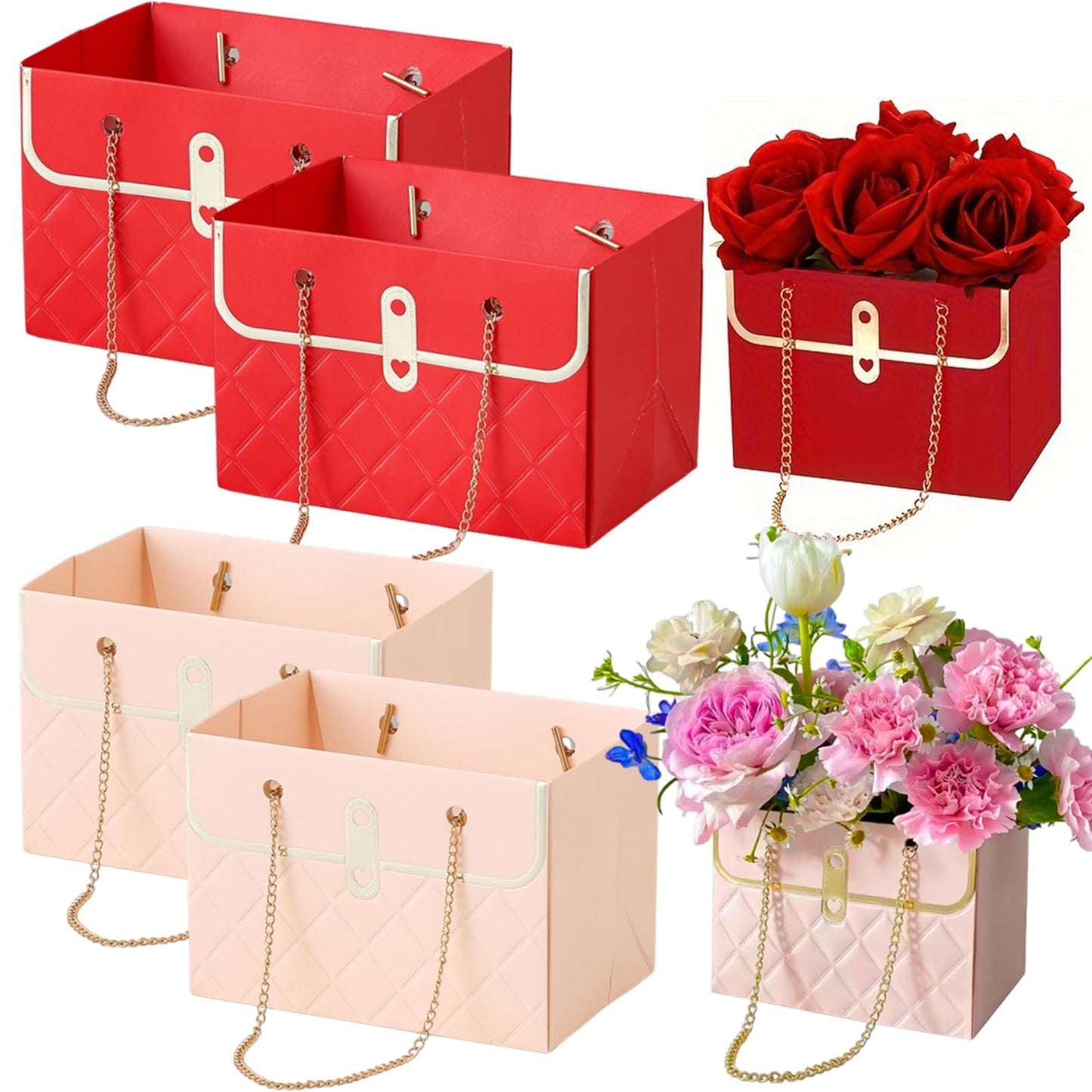Flower Paper Gift Box, Bouquet Storage Bucket Florist Handbag with Metal Chain, for Gifts Wrapping Supplies for Mother's Day Valentine's Day Women's Day Birthday Party 4 Pcs