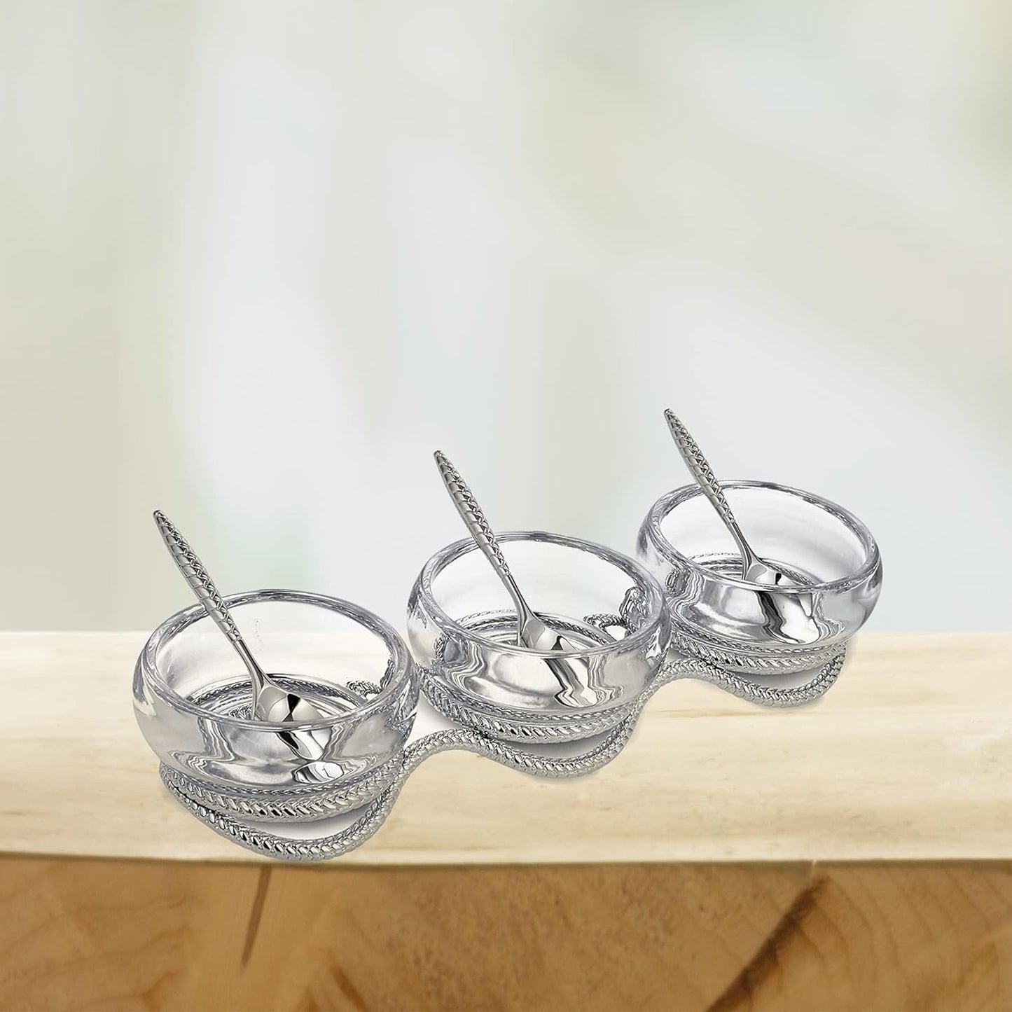 Nambe Braid Condiment Set with Spoons, Modern Scandinavian Glass Bowls on Braided Stainless Steel & Chrome Base - Decorative Serving Set for Sauces, Nuts, Appetizers & Snacks, Designed by Sean O’Hara