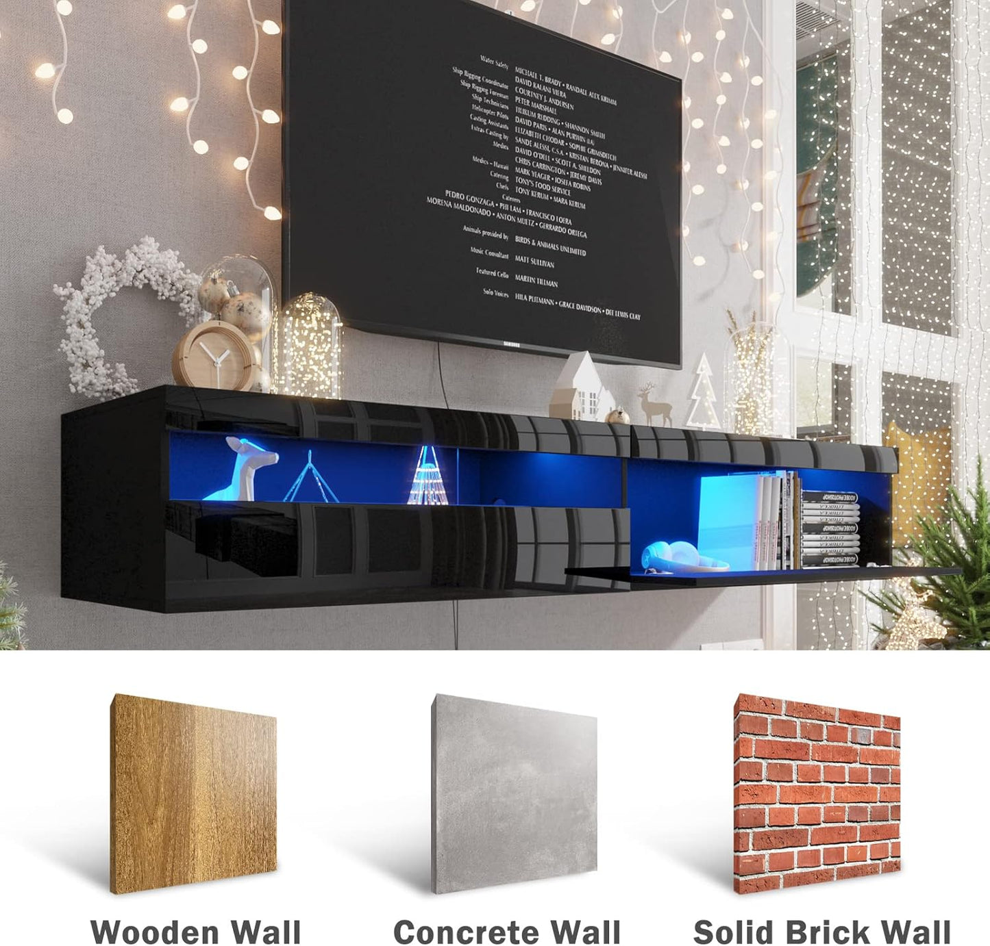 Floating TV Stand with Led Lights, 71 inch Wall Mounted TV Shelf with Power Outlet, Modern Entertainment Center Media Console with Storage Cabinet, Up to 80 Inch TVS, Black