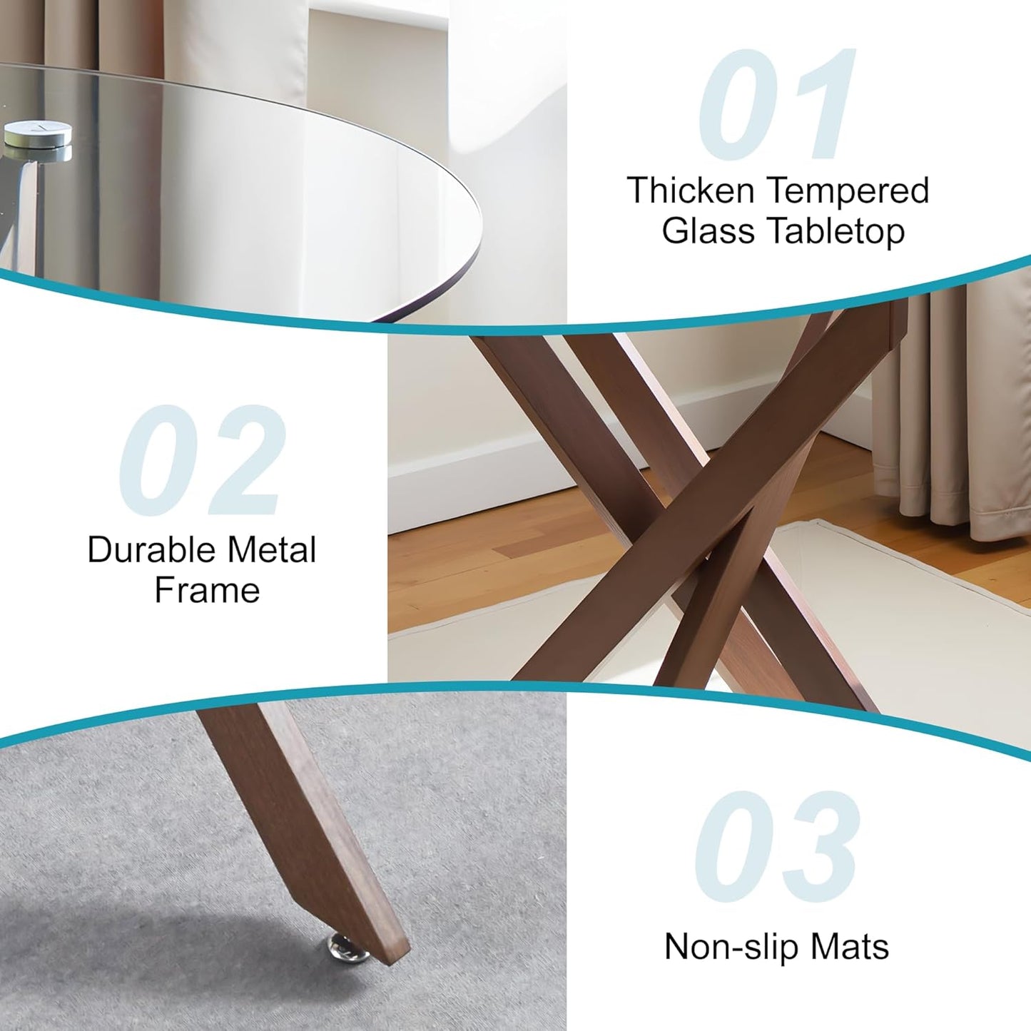 Dining Table for 4 Modern Round Dining Table 35.43" Kitchen & Dining Room Tables with Metal Legs and Glass Tabletop for Dining Room and Apartment, Brown