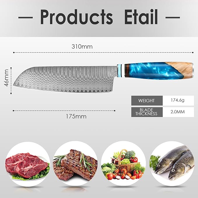 Kuwata Santoku Knife, Professional Japanese VG10 Damascus Steel Kitchen Santoku Knife, Ergonomic Wood Chef Knife Handle, Super Sharp Chefs Knives with Gift Box