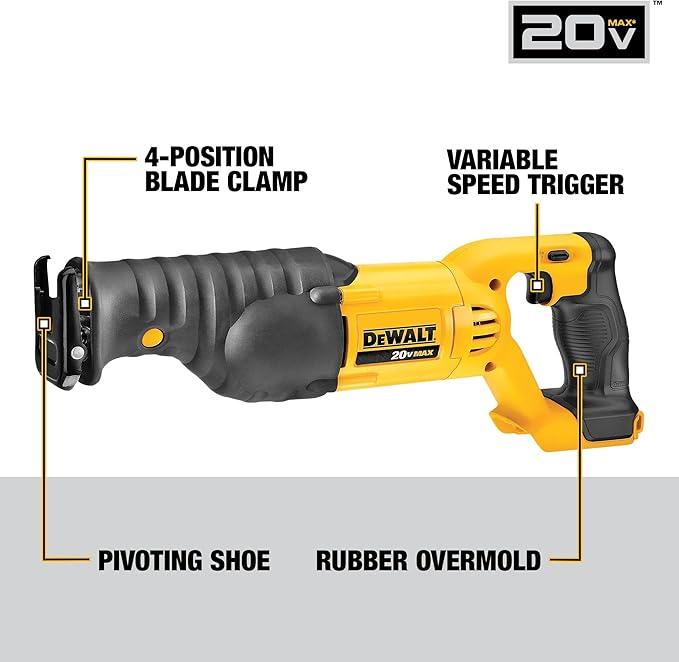 DEWALT 20V MAX Reciprocating Saw, 3,000 Strokes Per Minute, Variable Speed Trigger, Bare Tool Only (DCS380B)