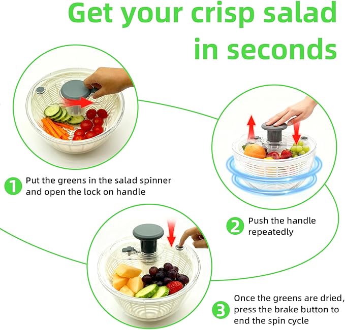Salad Spinner, Lettuce Spinner with Push-Button Lid and Non-Slip Base, Vegetable & Fruit Washer Bowl, Efficient Spin Dryer and Strainer for Salad Greens and Fruits (6.3QT)
