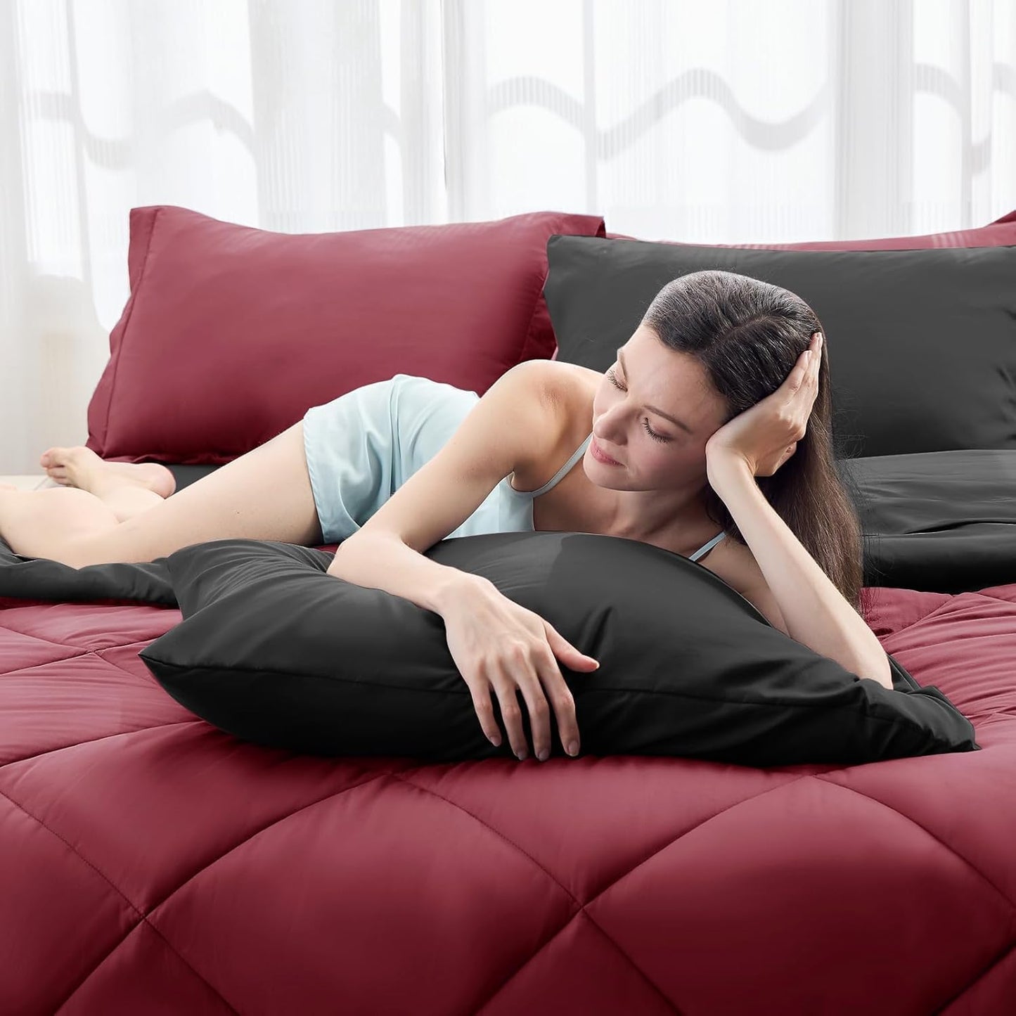 HEVUMYI Red & Black Full Comforter Set - 7-Piece All Season Bed in a Bag Full, Ultra Soft Burgundy Bedding Set with Comforter, Flat Sheet, Fitted Sheet, Pillowcases, Pillow Shams, Burgundy Red & Black