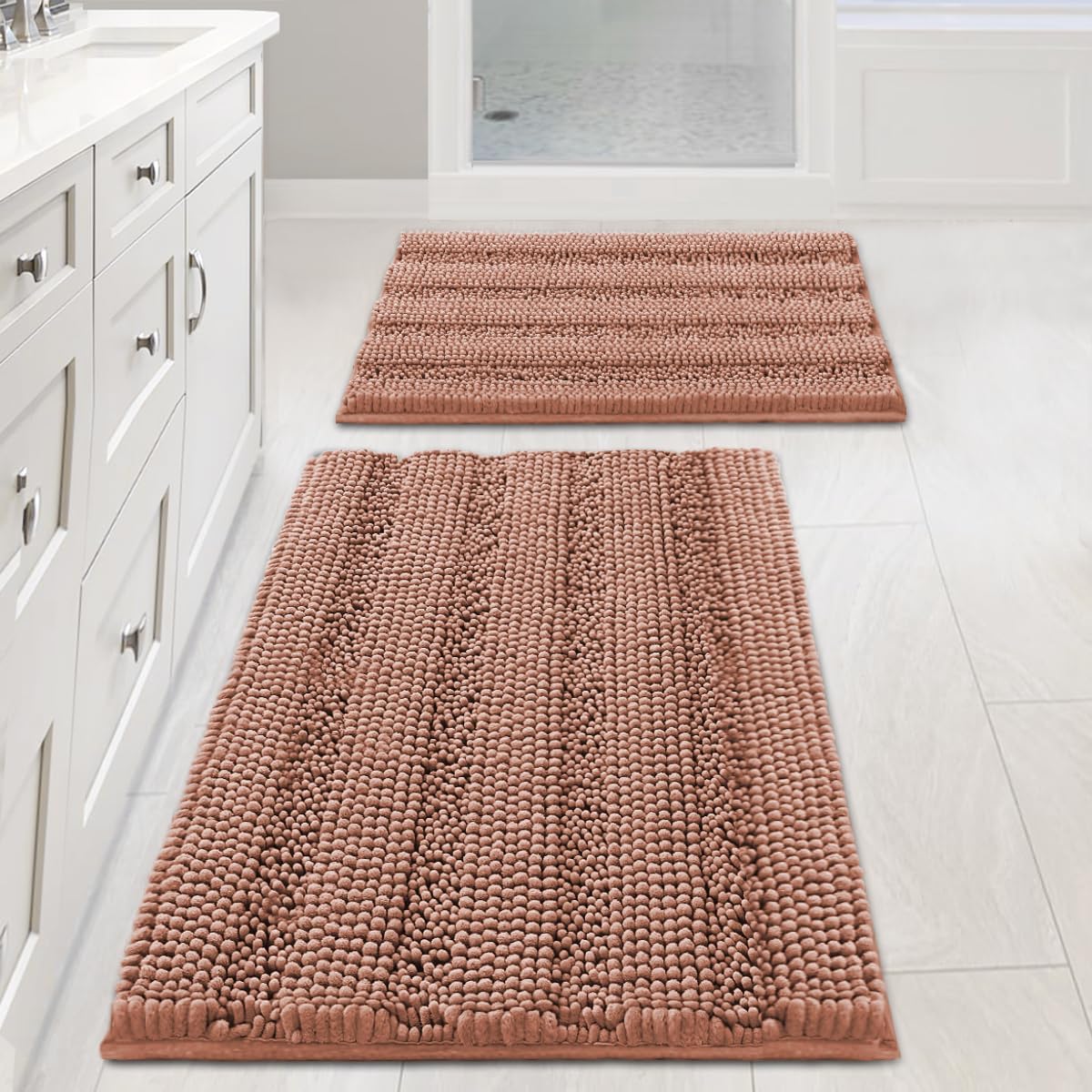 H.VERSAILTEX Bathroom Rug Set, 2 Piece Non Slip Thick Soft Chenille Striped Bath Mats, Muted Clay, 20" x 32"/17" x 24"