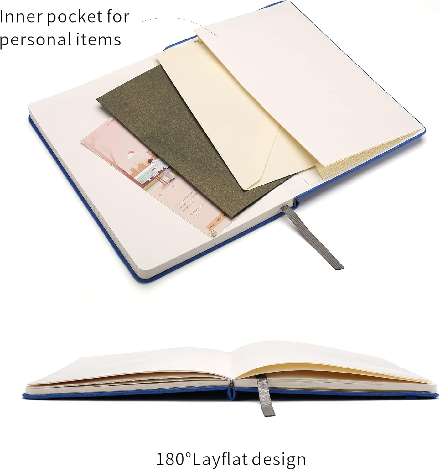 Deziliao Hardcover Notebook Journal 160 Pages, Lined Journal Notebooks for Work, 100Gsm Premium Thick Paper with Pocket, Medium 5.7"x8.4" （Blue, Ruled）