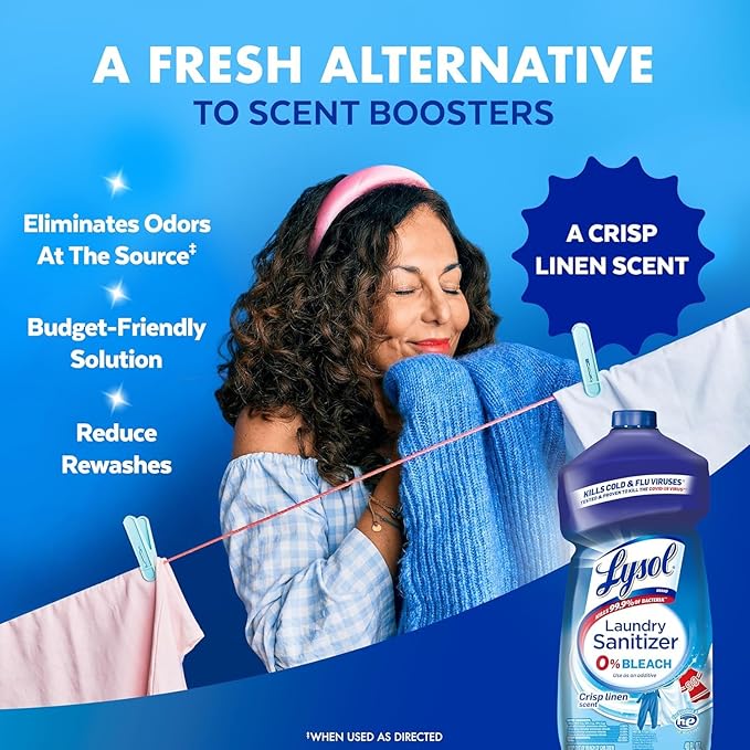Lysol Disinfectant Laundry Sanitizer, Laundry Detergent Additive, Color Safe Bleach Alternative, Laundry Odor Eliminator, Kills Bacteria & Viruses, Crisp Linen Scent, 40 fl oz (pack of 4)