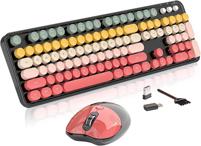 Wireless Keyboard and Mouse, MOFII 104 Round Keycaps Retro Typewriter with OTG & Brush, Full-Size Ergonomic, Ideal for Windows PC, Home, Office and College Rainbow Red