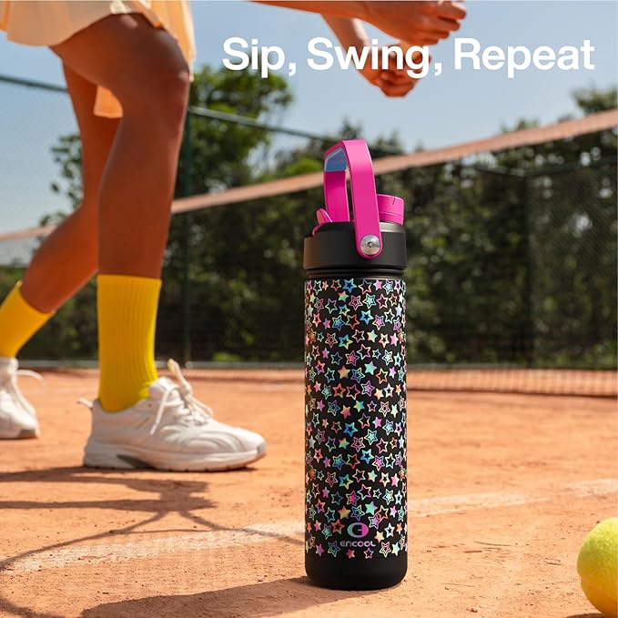 ENCOOL Insulated Water Bottle with Straw Stainless Steel Water Bottle, Leak-Proof, BPA-Free, Double Wall Vacuum Keeps Cold for 24 Hours for Sports, Travel, School (26 oz, Neon Starfall)