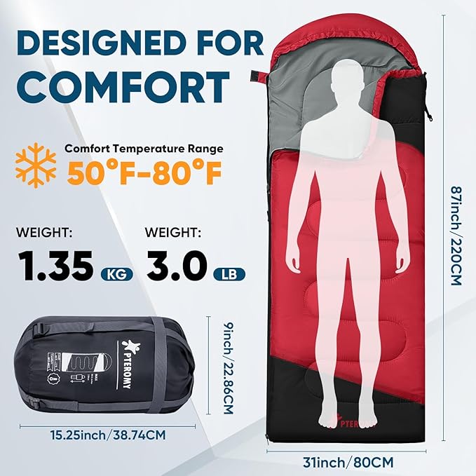 PTEROMY Sleeping Bags for Adults, Lightweight and Machine Washable, Water Resistant Backpacking Camping Sleeping Bag for Warm Cold Weather, Camping Essentials for Hiking Travel