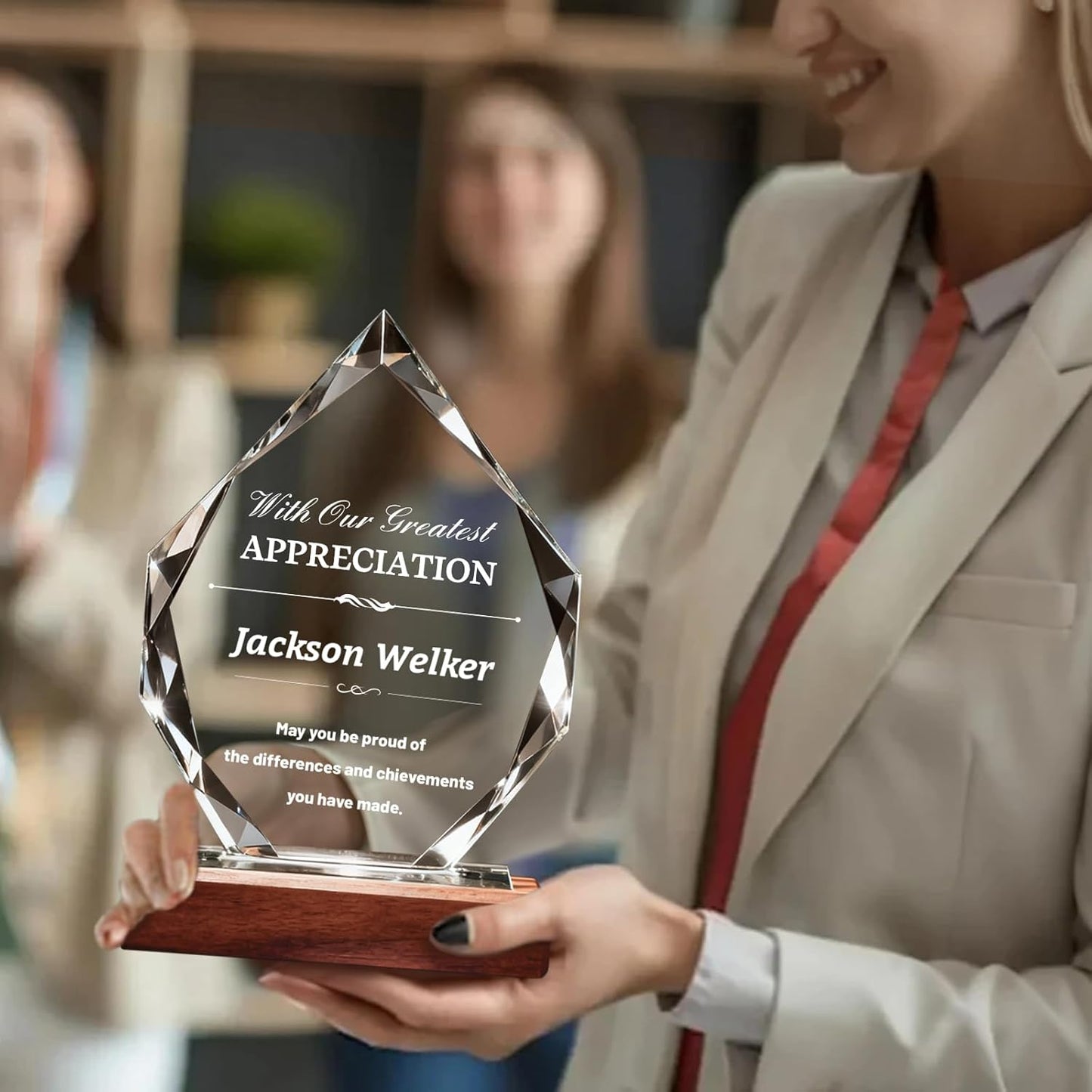 Custom Crystal Trophy Award with Wood Base, Custom Plaque Personalized Engraved with LOGO Text, Employee Appreciation Gift, Retirement Gift for Employee Coworker, Sports Recognition Trophies