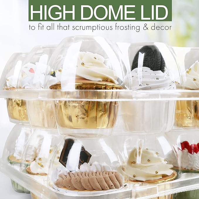 LotFancy Cupcake Containers 12 Count, 5 Sets, Plastic Stackable Cupcake Boxes, Disposable Muffin Holder with Detachable Tall Dome Lid, BPA Free, Clear Cupcake Carrier, Standard Size
