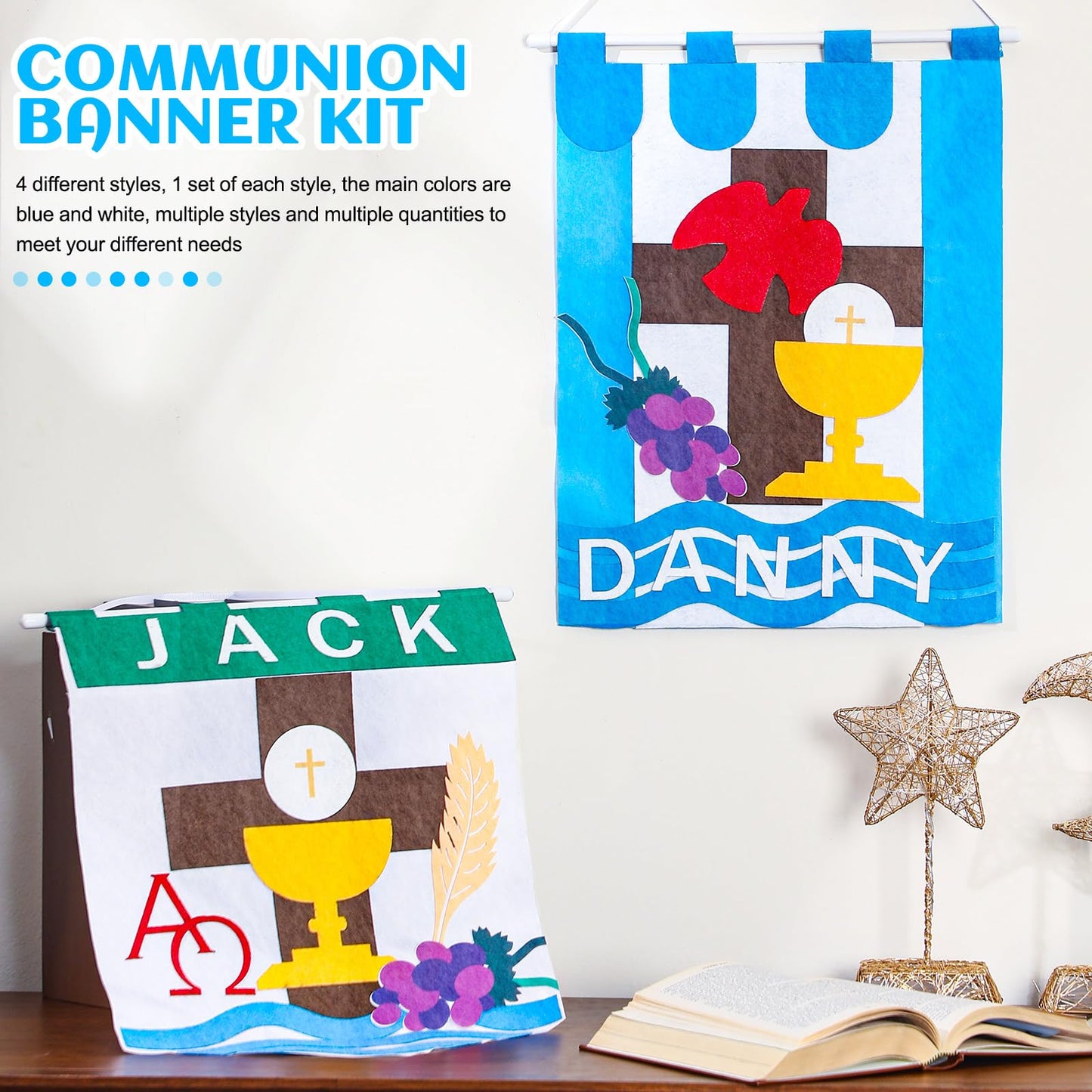 Funtery 4 Sets First Communion Banner Kits 12 x 18 Inches Holy Felt Communion Banner Gifts DIY Catholic Church and Sunday School Crafts Kit Christian Church Decoration