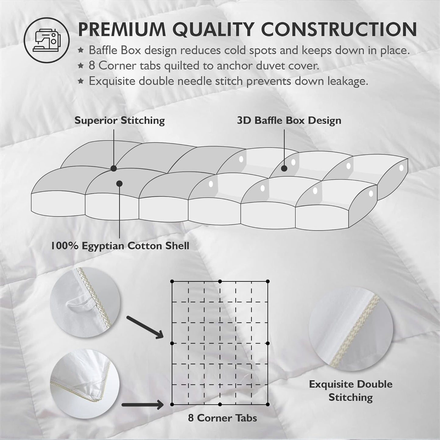 Luxurious White Solid Medium Weight, California King Size Goose Feathers Down Comforter for All-Season Weather Duvet Insert, Premium Baffle Box, 100% Egyptian Cotton Cover, 70 oz. Fill Weight