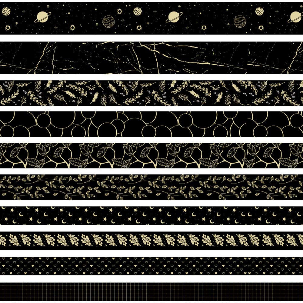 LongSLong Washi Tape Set 10 Rolls Masking Tape Floral Gold Decorative Paper Tape for Scrapbook Arts, DIY Crafts, Bullet Journal Supplies, Planners, Scrapbook, Card/Gift Wrapping (Black)