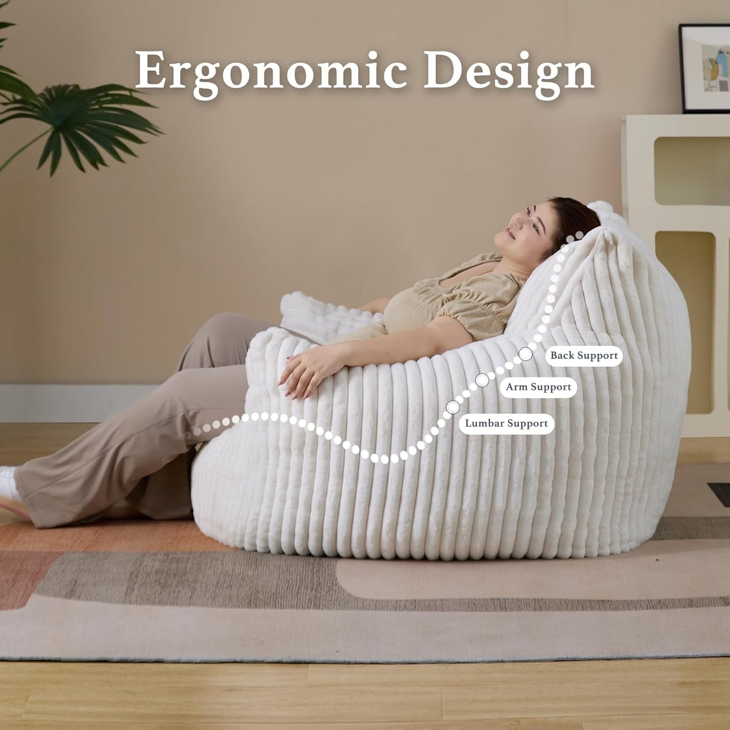 Giant Plush Bean Bag Chair for Adults with Armrests - Oversized Comfy Beige Beanbag Lounge Lazy Floor Sofa Accent Chair for Living Room, Bedroom & Dorm, Cozy Fluffy Single Cloud Mini Couch